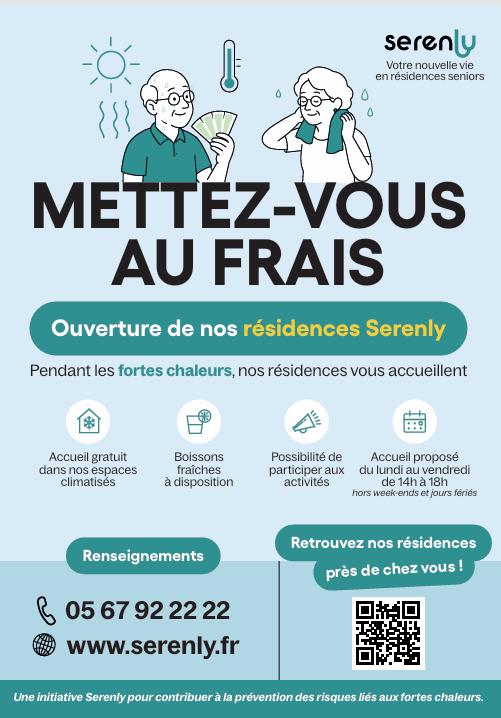 Affiche Mettez-vous au frais - Résidences Serenly accueillent pendant la canicule - Saint-Laurent-sur-Saône
