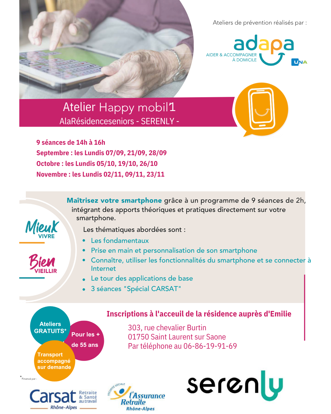 Affiche de l'atelier Happy Mobil'1 - Maîtrisez votre smartphone - Résidence Serenly Saint-Laurent-sur-Saône - ADAPA
